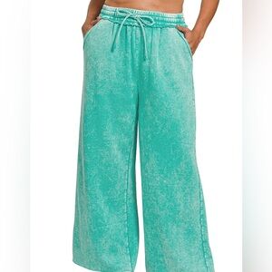 Boho Zenana Acid Washed Fleece Seam Wide Leg Sweatpants